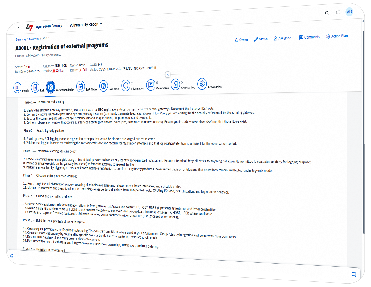 Cybersecurity Extension for SAP Vulnerability Management Detail